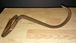 Antique Iron Hay Meat Hook Farm Tool Wooden Handle Handmade Welded Forged