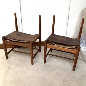 Pair Of Leather Oak Spanish Dining Chairs Borge Mogensen Fredericia As Is Repair