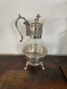 Vintage Silver Plated Glass Coffee Tea Carafe Pot With Metal Warmer Stand 1359e