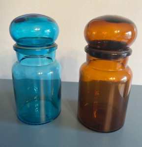 Antique Amber Blue Glass Apothecary Jar Set Made In Belgium
