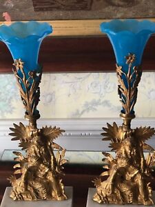 Pair Of Antique Victorian Gilt Bronze Epergnes Wi Exquisite Turquoise Blue Vase