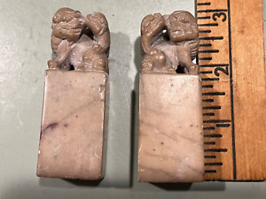 Pair Antique Chinese Soapstone Foo Dog Chop Block Seals 3 Carved Puppy