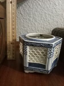 Flow Blue Porcelain Antique Oriental Reticulated Incense Cricket Koro Figurine