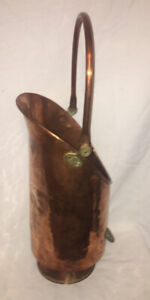 Vintage Large Copper Brass Coal Scuttle Kindling Log Basket Hammered 24 Tall