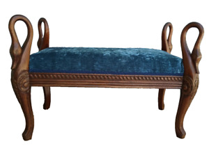 Vintage Carved Mahogany Settee In Blue Velvet Two Seat Bench Or Love Seat