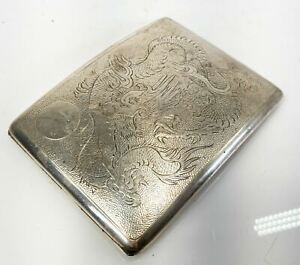 Antique Chinese Export Hong Kong Silver Cigarette Case Dragon Decoration