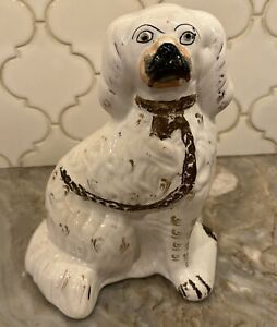 Antique 19th Century Single Large Staffordshire White Gilt Spaniel Dog Tail Down