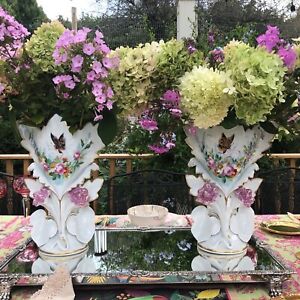 Pair Of Antique Paris Porcelain Floral Gilt Decorated Vases 14 Inches