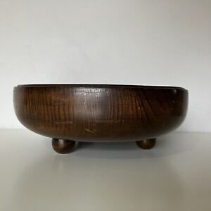 Antique Oak Wood 3 Footed Fruit Bowl Vintage Wooden Carved 20s 30s