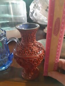 Vintage Chinese 6 Red Lacquer Cinnabar Ornate High Relief Floral Vase