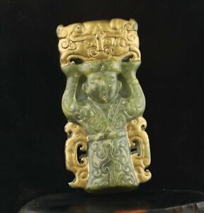 Old Natural Jade Hand Carved Statue Of Gilding Dragon Loong Man Pendant 43
