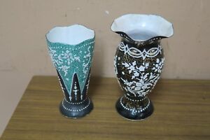 Set Of 2 Islamic Themed Poly Chrome Enamel On Copper Vase Floral Design Marked