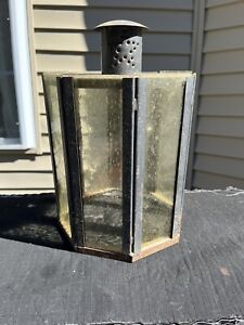 Vintage Octagon Punched Tin Amber Bubble Glass Lantern Cover