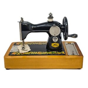 Vintage Soviet Made Toy Hand Crank Sewing Machine On Wood Base Restored