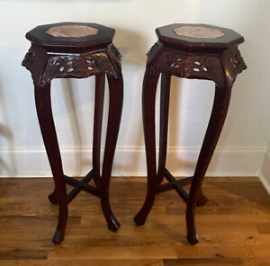 Pair Vintage Chinese Chippendale Mahogany Pedestal Plant Stands Marble Top 36 
