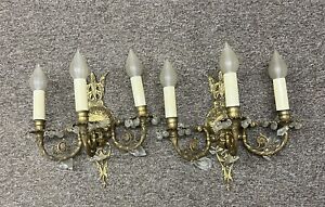Antique Brass And Crystal 3 Light Wall Sconces Vintage 1926 Includes Dimmer 