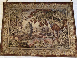 Lg Antique Vtg Tapestry Wall Hanging Needle Point Roman Ruins Temple 35 X 48 