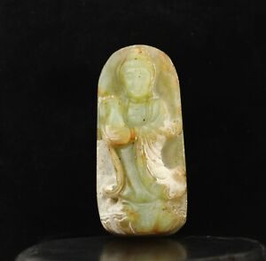 China Old Natural Jade Hand Carved Statue Of Buddha Guan Yin Pendant A1