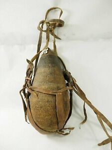 Old Papua New Guinea Hemp Woven Water Canteen With Cowrie Shells Pitch Leather