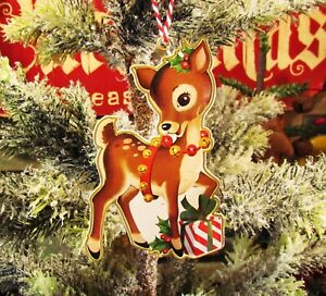 Prim Antique Vtg Style Retro 4 Reindeer Gift Christmas Tree Tin Ornament