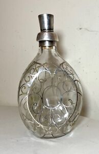 Antique Ornate Sterling Silver Overlay Glass Liquor Claret Decanter Bottle Jar