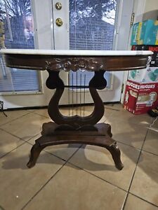 Antique Victorian Marble Top Table With Harp