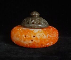 Old Chinese Hand Carving Natural Red And White Nephrite Jade Covered Censer