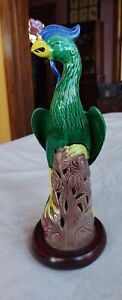 Vintage Phoenix Bird Statue Chinese Ceramic Rosewood Base 9 Tall