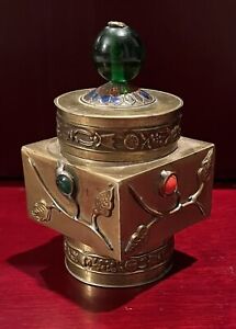Antique Chinese Brass Match Cigarette Box W Inlay Enamel Peking Glass