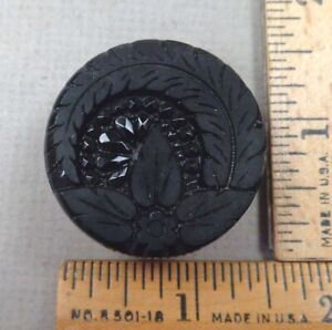 Fern And Flower Antique Black Glass Button Concave Intaglio Design Large