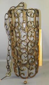 Antique Spanish Revival Wrought Iron Scrolled Chandelier Pendant Light Fixture