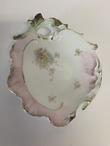 Antique Prussia Porcelain Trinket Dish With Handpainted Flowers Pink Gold Trim