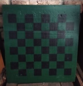 Early Primitive Wooden Game Board Original Old Green Paint Checkers Cabin