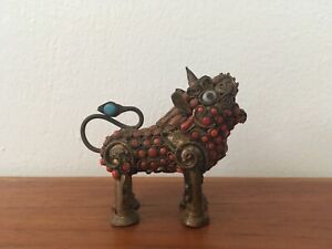 Antique Tibetan Turquoise Jeweled Gilt Brass Red Foo Dog Vintage 2 X 2 5 