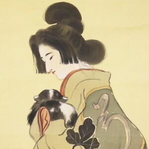 Hanging Art Scroll Japanese Painting Japan Beauty Woman Lady Dog Puppy F961