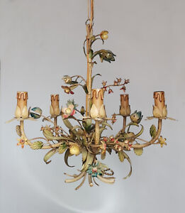 Antique Italian Florentine Tole Chandelier Ceiling Light 5 Arms Flowers Vintage