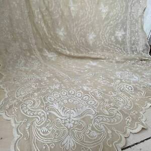 Warm Patina French Antique Tambour Lace Sheer Curtain Panel 1800s White Lacewor