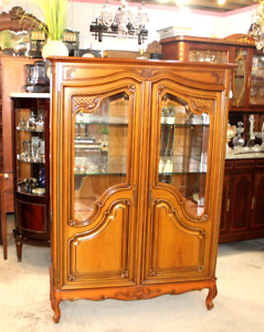 French Antique Cherry Wood Louis Xv Display Cabinet With 2 Glass Shelf