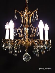 Antique French Brass 5 Arm 5 Lite Beaming Birdcage Cut Lead Crystal Chandelier