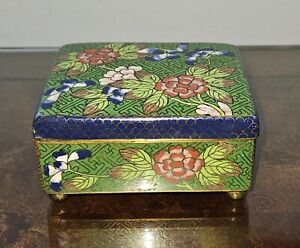 Antique Chinese Cloisonne Hinged Footed Green Box Blue