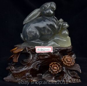 9 2 Chinese Natural Xiu Jade Carved 12 Zodiac Rabbit Mushroom Statue