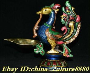 7 Old Cloisonne Enamel Pure Bronze Painting Phoenix Bird Candle Holder Oil Lamp