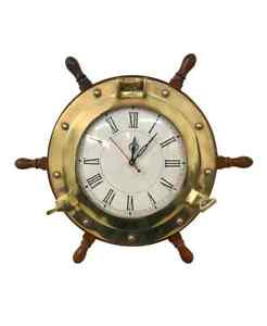 18 Wooden Wheel With Brass Porthole Clock Nautical Marine Decorative Clock Best