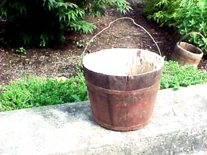Early Primitive Wooden Bucket Original Old Red Paint Bale Handle