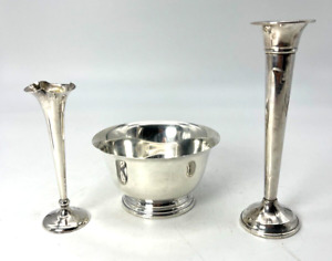 English And American Sterling Silver Bud Vases And Sweet Meat Bowl