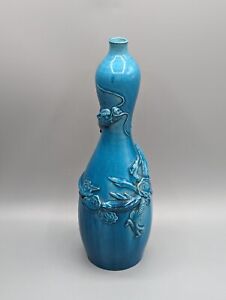 Japanese Awaji Dragon Turquoise Bottle Vase Meiji Period Relief Figural