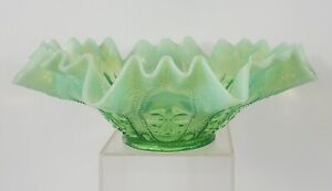 Green Opalescent Fleur De Lis Ruffle Pleated Antique Glass Candy Dish Northwood