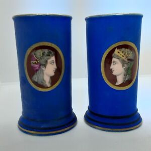 2 Hand Painted Neoclassical Portraits And Blue Ground On Porcelain Spill Vases