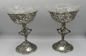 Pair Of German 800 Silver Ornate Compote Bowl Cupid Figure Stand 560g