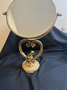 Vintage Table Top Gold Leafed Mirror Beautiful Angel Design Vanity Make Up